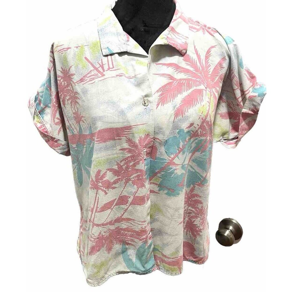 VTG Topson Downs 80s Pink Blue Button Down Short Sleeve Blouse L Miami Vice